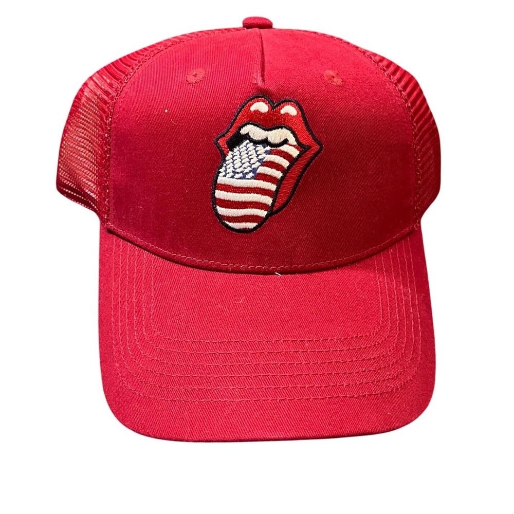 Lucky Brand Trucker Hat Mens OS Red Rolling Stones USA Flag Tongue Mesh Snapback